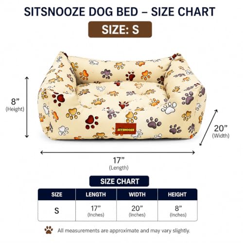 Image of SITSNOOZE Small Dog Bed (Up to 5kg) for Shih Tzu, Pomeranian, Chihuahua Puppies - Soft Washable Bed, Orthopedic Cushion, Indoor Waterproof Anti-Slip Pet Mattress (White & Brown Printed, S)