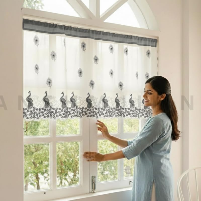 Image of Short Window Curtain for Kitchen, Living Room, Cafe, Restaurant & Home Decor | Elegant Half Window Valance | Length - 24 Inch, Width - 80 Inch (Grey Peacock, Large)