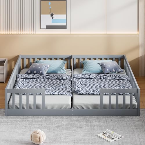 TOBIDOEN Cama infantil de suelo 90 x 200 cm con rejilla de seguridad, cama juvenil de madera de pino para familias con 2 niños, cama doble con somier, color gris