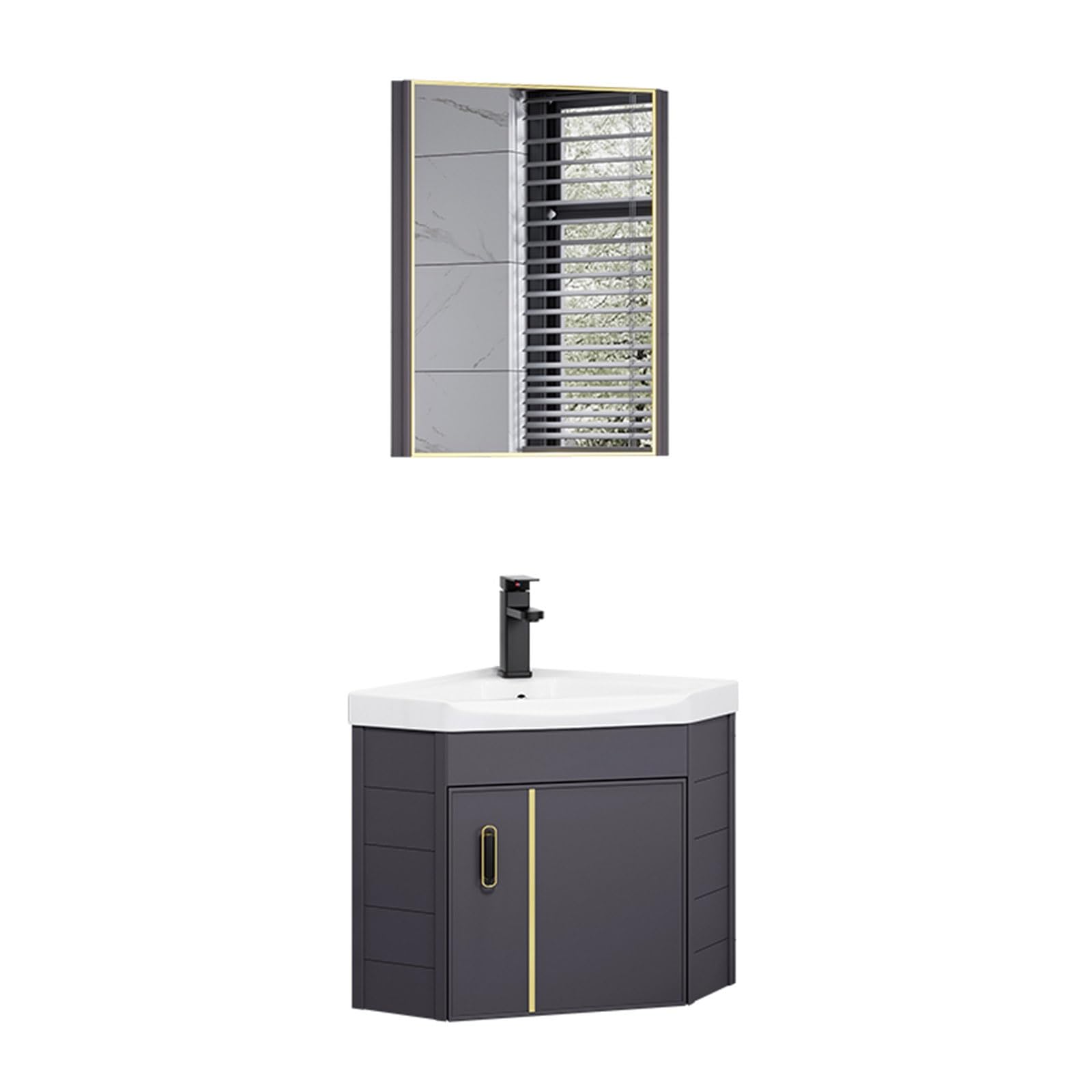 SGKOMN Wall Mount Vessel Sink,Ceramic Sink,Bathroom Corner Basin Sinks, Corner Bathroom Vanity Sink Combo Wall Mounted Cabinet Set for Small Space, With Mirror-38cm