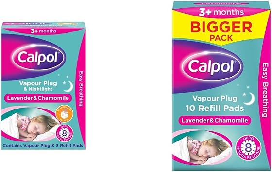 Calpol Vapour Plug Nightlight Lavender Chamomile 3+ Months Orange Light, Plug and 3 Refills & Vapour XL Refill Pads, 10 Count Pack of 1