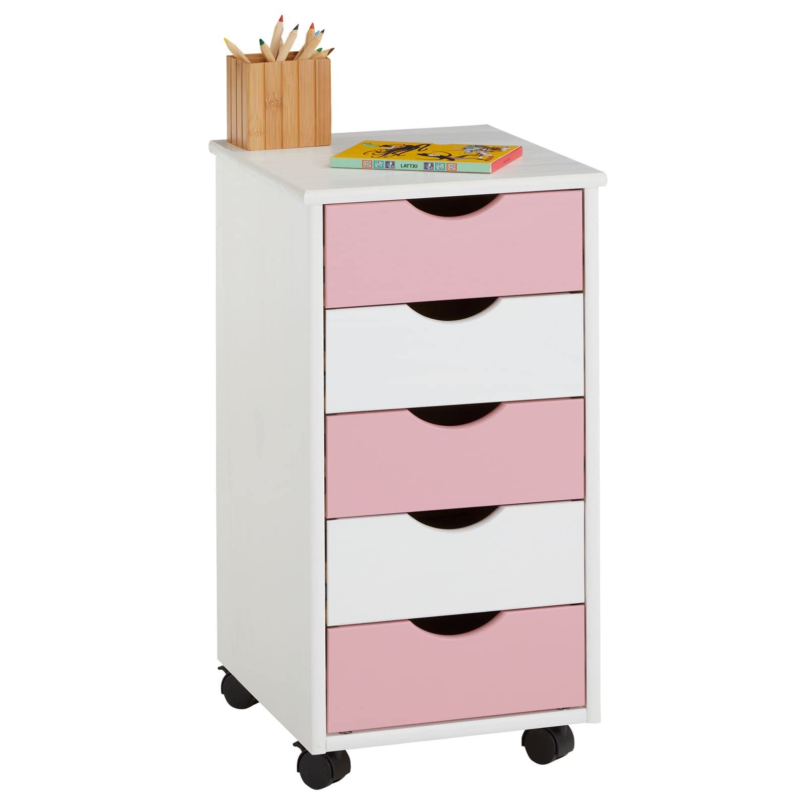 IDIMEX Rollcontainer Lagos mit 5 Schubladen, Weiß/Rosa - Bürocontainer aus Massivholz, kompakte Maße, praktische Aufbewahrungslösung, robuste Verarbeitung, Rollwagen für Büro und Kinderzimmer