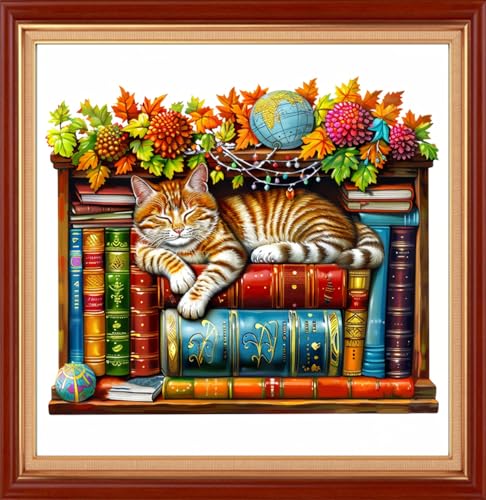 Image of Joyhoor Stamped Cross Stitch Kits for Beginners Needlepoint Kits for Adults Embroidery Kits 11CT Counted Cross Stitch Kits Printed Embroidery Pattern- Bookshelf cat 18x18 inch