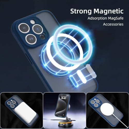 K TOMOTO Magnetic Case Compatible with iPhone 15 Pro Translucent Matte Phone Case with Camera Lens Guard, Rugged Protective Cover 6.1-Inch, Navy Blue — view 5