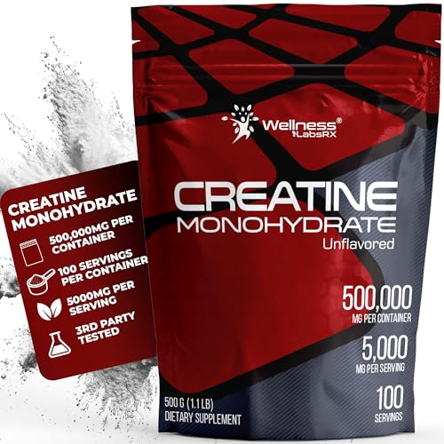 Image of WELLNESS LABSRX Creatine Monohydrate Powder 500g - 100 Servings Micronized Creatine Powder Supplement, Unflavored Creatine for Women and Men, Supports Muscle Strength, Energy, Endurance and Workout