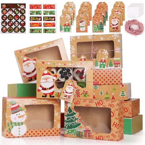 GeeRic 12pz Scatole per Biscotti Natalizi Confezione per Cupcake +12 Corde+12 Etichette Appese Kraft DIY Biscotti Scatole con Finestra Trasparente Torta Caramelle Box per Capodanno Festa Vacanza