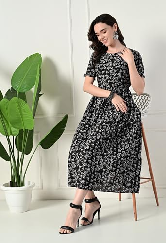 Image of Ichaa Women's Blue Cotton Printed Maternity Dress with Feeding Zips and Pocket| in Plus Sizes