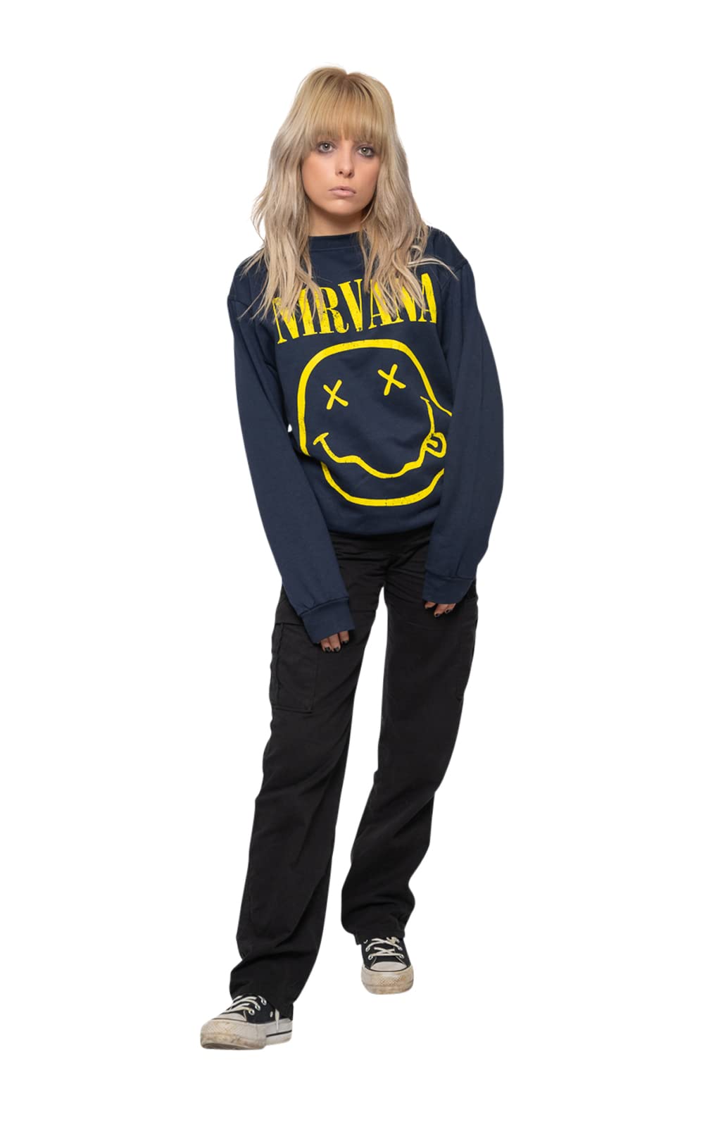 Nirvana Sweat-Shirt Jaune Smile Band Logo Nouveau Officiel Unisex Navy Bleu Size S