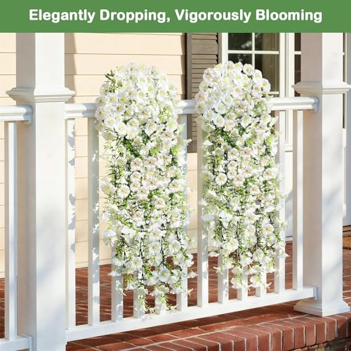 Image of Lewondr 2PCS Artificial Hanging Flowers UV Resistant Silk Petunias, White | 29.5 inch Morning Glory, No Watering Needed, Fade Proof, for Porch Patio Yard Baskets, Spring Summer Decor, Indoor Outdoor Use