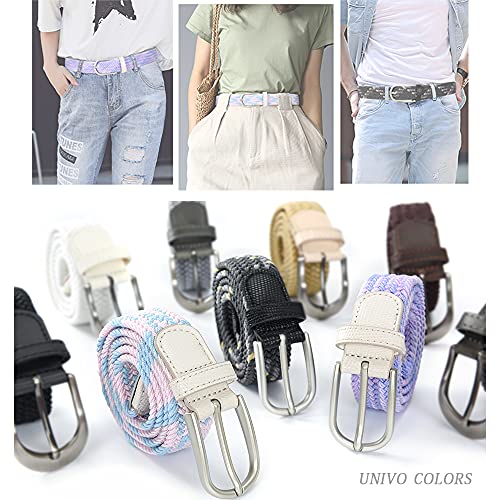 Univo Colors Multicolor Braided Golf Belt Elastic Stretch Oval Satin Nickel Pin Buckle Leather Loop End Tip For Women Girls Child Junior (Blue White 42") #TOP7