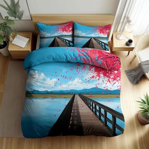 Reversible Cartoon Wooden Bridge Blue Sky Flowers Printed Duvet Cover 200 x...