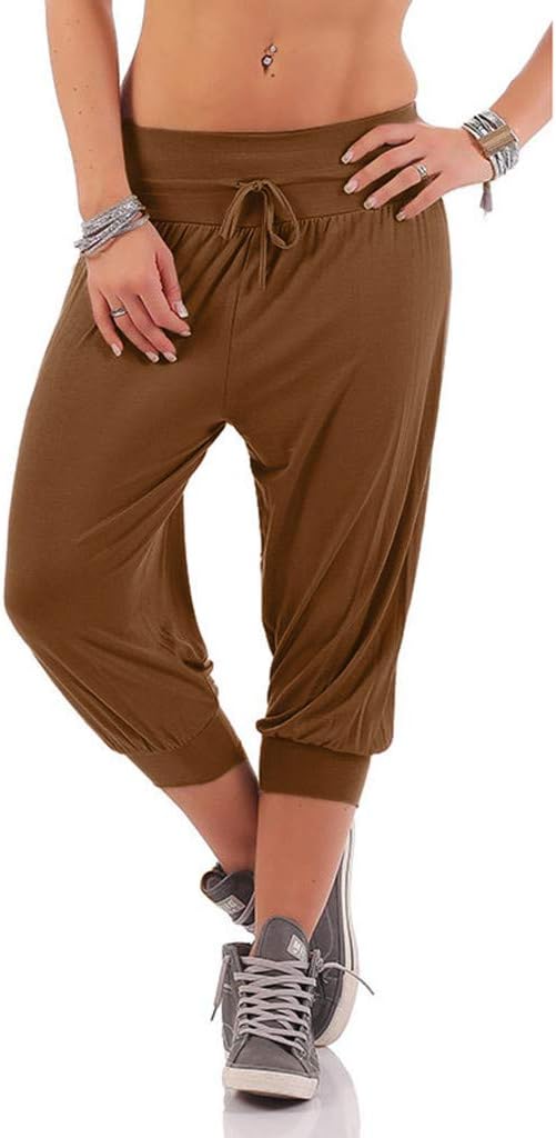 Eaktool Workout Yoga Hot Shorts,Women Solid Threaded Trousers with Loose Bandwidth Carf-Length Sport Pants Brown