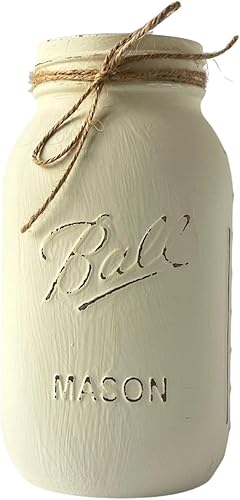 Centro de mesa blanco roto, centro de mesa de tarro de masón marfil para decoración de mesa de boda, decoración de tarro de masón pintado y