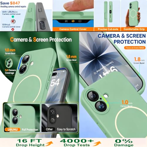 UBUNU Magnetic for iPhone 16 Plus Case Silicone, Compatible with MagSafe, Integrated Camera Control Cover, Full Body Protective 3.0mm Thicken Shockproof Phone Cover for 16Plus 6.7'', Green by UBUNU - Used condition - Image 6