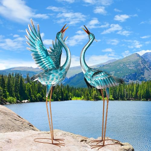 chisheen Crane Garden Statues Outdoor Metal Heron White Yard Art Crane Red-Crowned Crane for Garden Sculptures Patio Lawn Ornaments,Set of 2 (Blue)