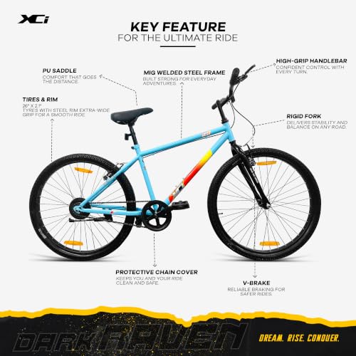 Image of XCi Dark Raven Hybrid Bike, 26-Inch Tires, Single Speed, Rigid Suspension, V-Brakes, Youth 12+ Years, 17-Inch Ultra Light Steel Frame, Cyan Orange
