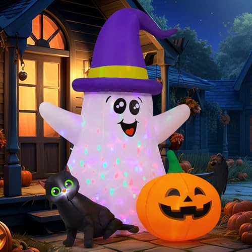 Image of GOOSH 5 FT Halloween Inflatables Ghost Outdoor Decorations Blow Up Yard Cute Wizard Ghost with Black Cat Pumpkin with Built-in LEDs for Garden Lawn Indoor Party Decor