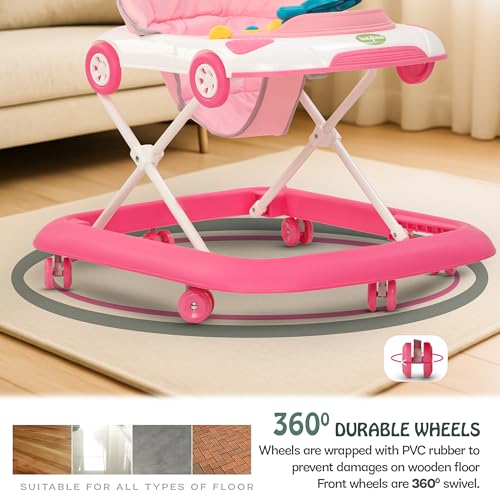 Image of Baybee Pastel Bliss Baby Walker for Kids | 3-Level Height Adjustable Walker with Parental Push Handle & Musical Toy Bar | Foldable Activity Walker for Babies 6 to 18 Months (Pink /White)