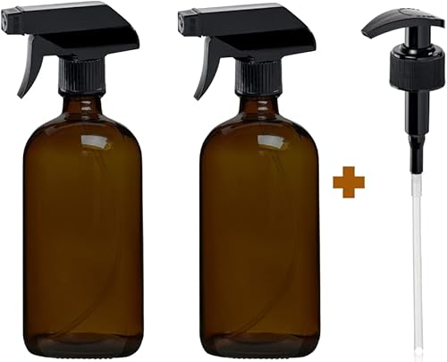 EYNEL Paquete de 2 botellas de agua recargables de plástico PET ámbar de 16 onzas con gatillo negro y bomba dispensadora de jabón, rociador vacío,