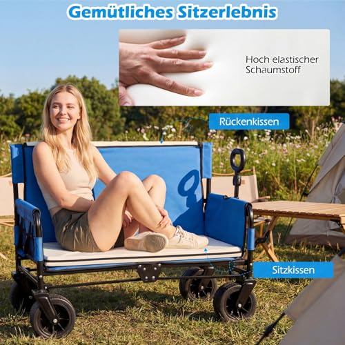 COSTWAY Wózek składany 2 w 1 z ławką do siedzenia, wózek plażowy z regulowanym uchwytem, poduszkami i kieszeniami bocznymi, wózek ręczny, obciążenie do 80 kg, wózek ogrodowy, wózek transportowy na