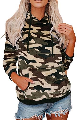 Women Long Sleeve Sweater Hoodies Casual Sweatshirt Pullover Drawstring Hooded Top with Pocket (Green Camo, M)