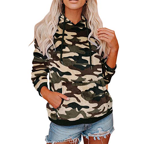 Women Long Sleeve Sweater Hoodies Casual Sweatshirt Pullover Drawstring Hooded Top With Pocket (Green Camo, M) #TOP20