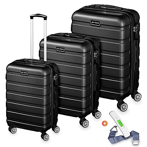 VESKA 3tlg. Hartschalenkofferset Hard Shell Reisekoffer Kofferset Trolley Koffer Hartschalenkoffer Reisekofferset Rollkoffer TSA Zahlenschloss 4 Rollen ABS-Hartschale M-L-XL (schwarz)