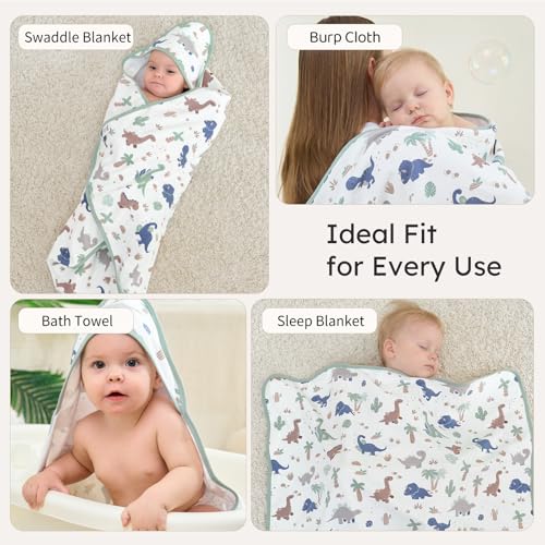 Image of Hooded Baby Towels for Newborn,100% Cotton Baby Bath Towels with Hood for Infant Toddler Boy Girl, 2 Pack 32x32 Inch Soft & Absorbent Knit Terry Bath Essentials Green Dinosaur