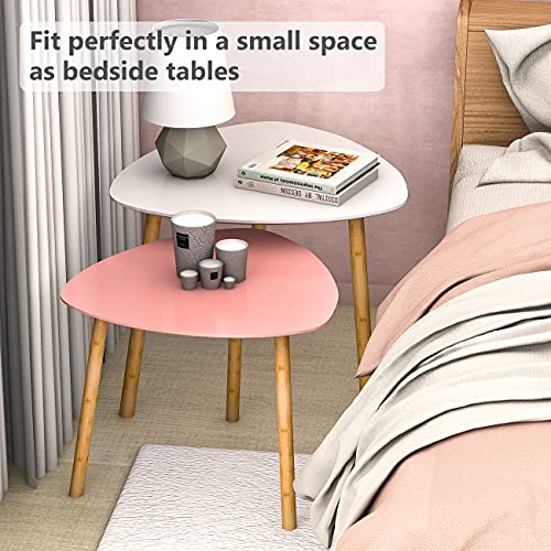 Bambloom Bamboo Nesting Coffee Tables - Small Coffee Table For Living Room, Set Of 2 Triangle End Table Modern Side Table For Bedroom Apartment Balcony Yard Small Spaces, (White & Pink) #TOP4