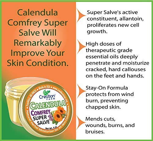 Calendula Comfrey Super Salve by Creation Farm, Herbal Balm, Moisturizer, and Ointment with No Gluten, Soy, GMO or Parabens, Made in USA Comforts many issues. - Image 4