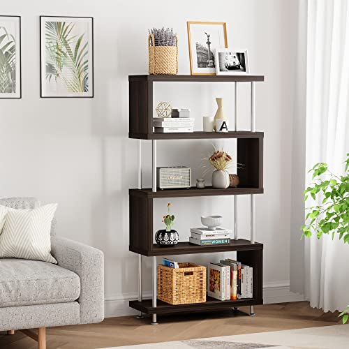 Bestier 5 Shelf Geometric Bookcase S-Shaped, Hollow-Core Board Modern Ladder Bookshelf with Metal Frame, Z Shaped Industrial Etagere Mid Century Bookcase for Home Office Living Room Decor, Brown