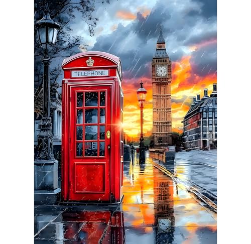 KEYIFA Londres Calles Pintar por Numeros Adultos, Paint by Number Kits con Pinceles y Acrílico, DIY Ciudades Pintura al óleo Colorear Lienzo Manualidades, Decoración del Hogar 30x40cm