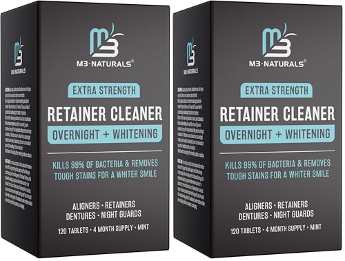 Image of Overnight + Whitening Retainer Cleaner, Remove Stains, Discoloration, and Plaque | 4 Month Supply | Denture Cleanser with Whitening Boost,120 Tablets by M3 Naturals (Pack of 2)