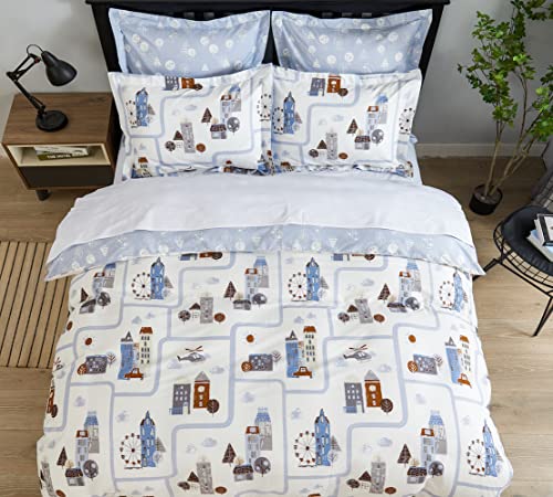 Dauaoto Kids Duvet Cover Twin Size Set, Boys Cotton Bedding Road Map Landscape Pattern, 1 Zipper Closure 68X86 Cover + 1 Sham, Blue Town #TOP6