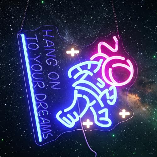 Image of inchHang on to Your Dreams inch Tired Astronaut Neon Light - Motivational Space Themed LED Wall Art, Dimmable USB Night Light with Hanging Kit, Inspiring Study Bedroom Decor Gift for Students & Dreamers