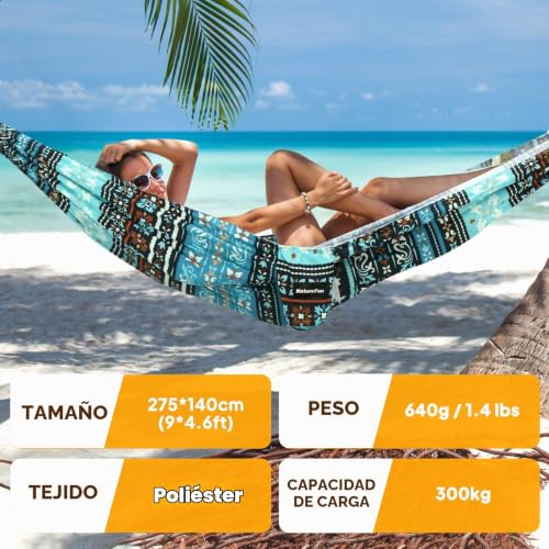 Miniatura 2 de Naturefun Hamaca Ultraligera Para Camping 275x140 Cm 300 Kg De Capacidad De Carga Transpirable Y De Secado Rápido Hamaca 2 Hierro Mosquetones, 2 Eslingas Incluidas Interior Exterior Jardín
