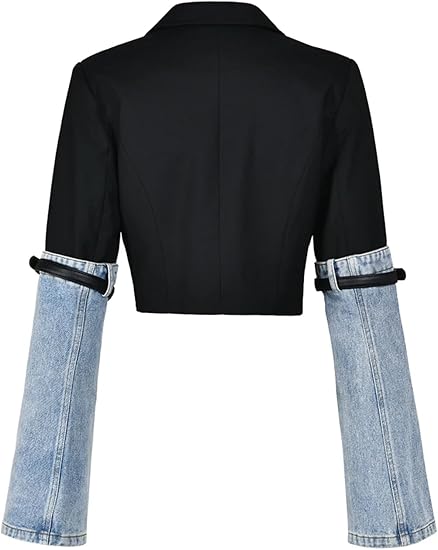 Blazer Donna Corto In Denim Patchwork - Maniche Lunghe, Bottoni Dorati - Microfibra Poliestere - Casual O Ufficio - Foto 5