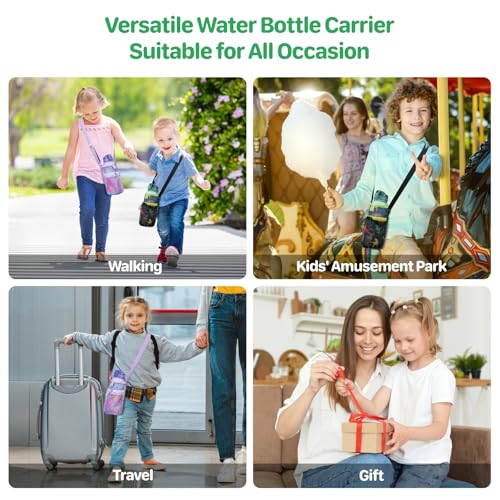 BrainyBees 2 Pack Mesh Water Bottle Carrier for Kids - Lightweight Water Bottle Holder with Adjustable Strap, Crossbody Sling Bag Fits 10-18 oz, Ideal for Walking Hiking Camping, Black Dinosaur