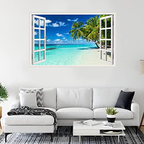 Erllsino Beach Seascape Wall Sticker Tropical Beach Fake Window Wall Stickers Palm Trees Faux Window Wall Decal Removable Blue Sea Beach Landscape Window View Wall Mural for Living Room by Erllsino - Image 2