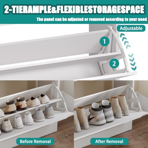 Image of Shoe Cabinet for Entryway with 3 Flip Drawers, White Tall Wood Shoe Storage Cabinet with Coat Rack, Narrow Hidden Slim Freestanding Shoe Rack Organizer, 2 in 1 Hall Tree for Living Room, Hallway