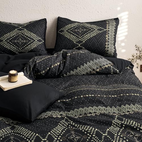 Image of Wake In Cloud - Boho Comforter Set, Farmhouse Bohemian Western Aztec Neutral Aesthetic, Soft Lightweight Bedding, 3 Pieces, Charcoal Black, King Size