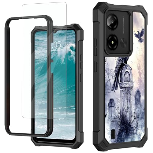 GYSYSQSH for Cloud Mobile Stratus C8 Prime Phone Case with Tempered Glass Screen Protector Dual Layer Hard PC Bumper Heavy Duty Shockproof Protective Cover for Women Men 6.5", Art Raven