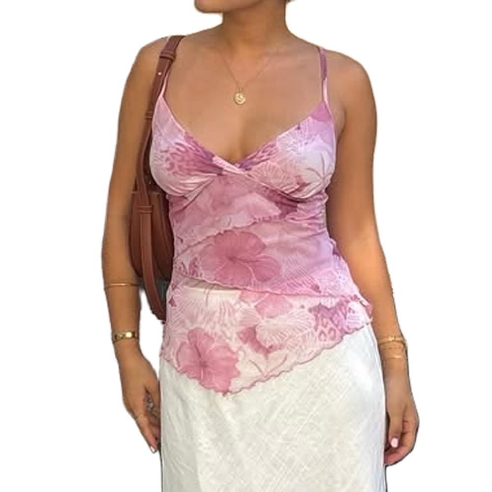 Women Boho Beach Backless Tank Tops Y2k Coquette Tie Dye Floral Camisole Vest Elegant V Neck Sleeveless Crop Tops-image-43