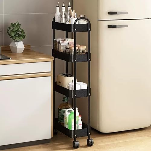 Koolkasa 4-Tier Narrow Kitchen Storage Trolley on Wheels, Metal Slim Rolling Utility Cart for Small Spaces, Home Kitchen Bathroom Laundry Office Storage Rack - Black