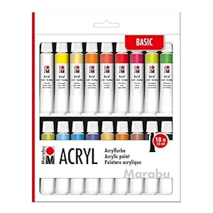 Marabu 1210000000202 Acrylverfset met 18 kleuren à 12 ml, dekkende, mat glanzende acrylverf op waterbasis, voor spieraam…