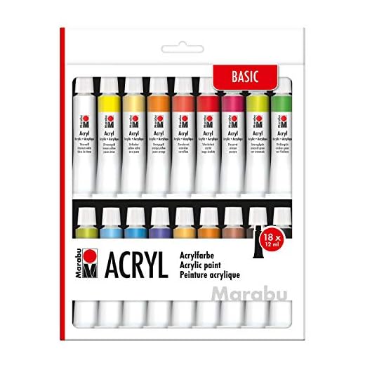 Marabu 1210000000202 - Juego de pinturas acrílicas con 18 colores de 12 ml, opacas, brillantes y mates a base de agua, para bastidores, cartones, papeles y madera, secado rápido