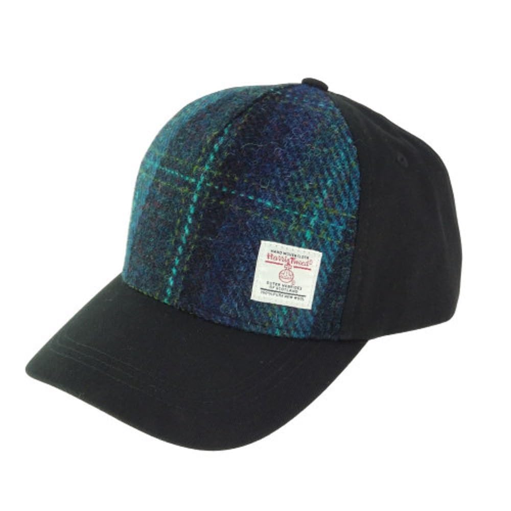 Glen Appin Unisex Black Harris Tweed Front Baseball Cap (Colour 119 Blue With Turquoise Overcheck)