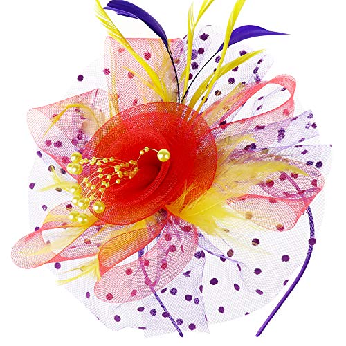 Image of DRESHOW Fascinators Hat Flower Mesh Ribbons Feathers on a Headband and a Clip Tea Party Headwear for Girls and Women