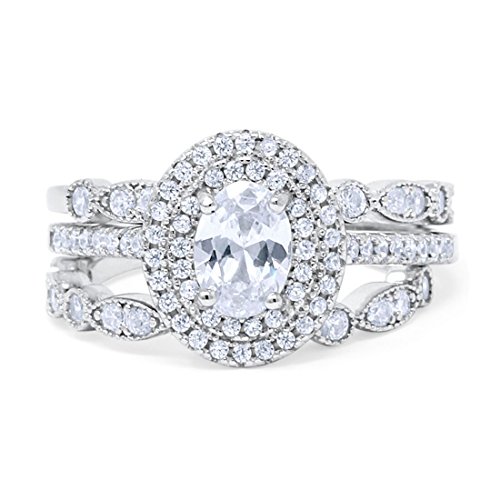 Blue Apple Co. Three Piece Double Halo Art Deco Wedding Band Engagement Ring Simulated Oval Round Cubic Zirconia 925 Sterling SilverSize-5