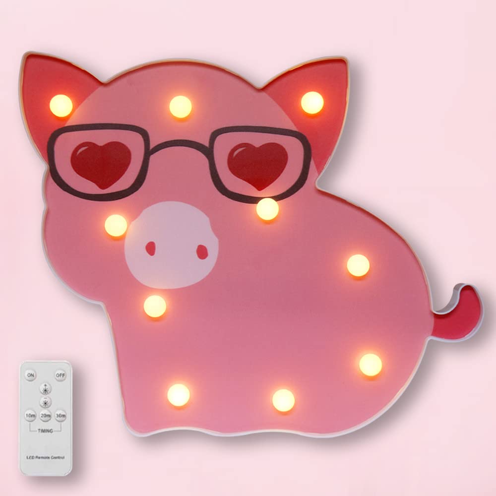 LED Pig Marquee Signs with Remote, Light Up Room Decor Pig Lamps, Piggy Night Light for Child, Girls, Teen, Bedroom, Christmas, Birthday Gift Decor